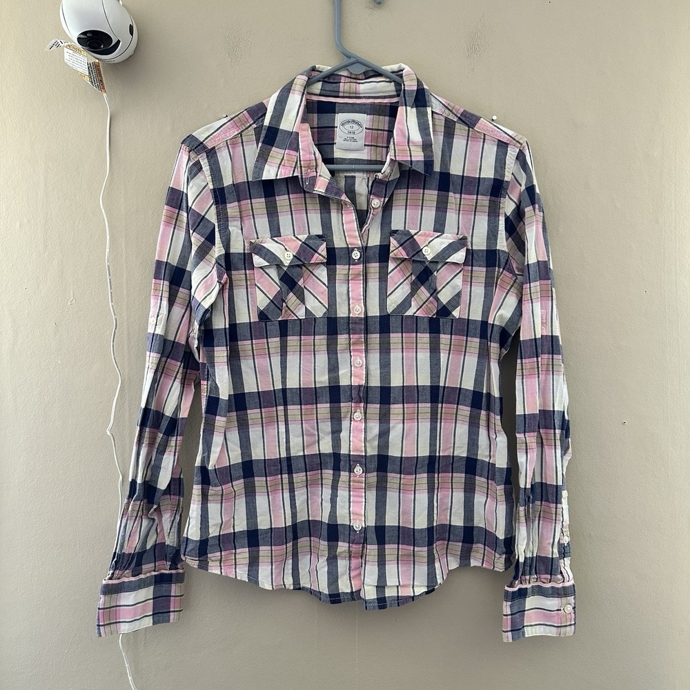 Brooks Brothers Womens Fitted Button Up Size 12 Plaid Pink Preppy Academia